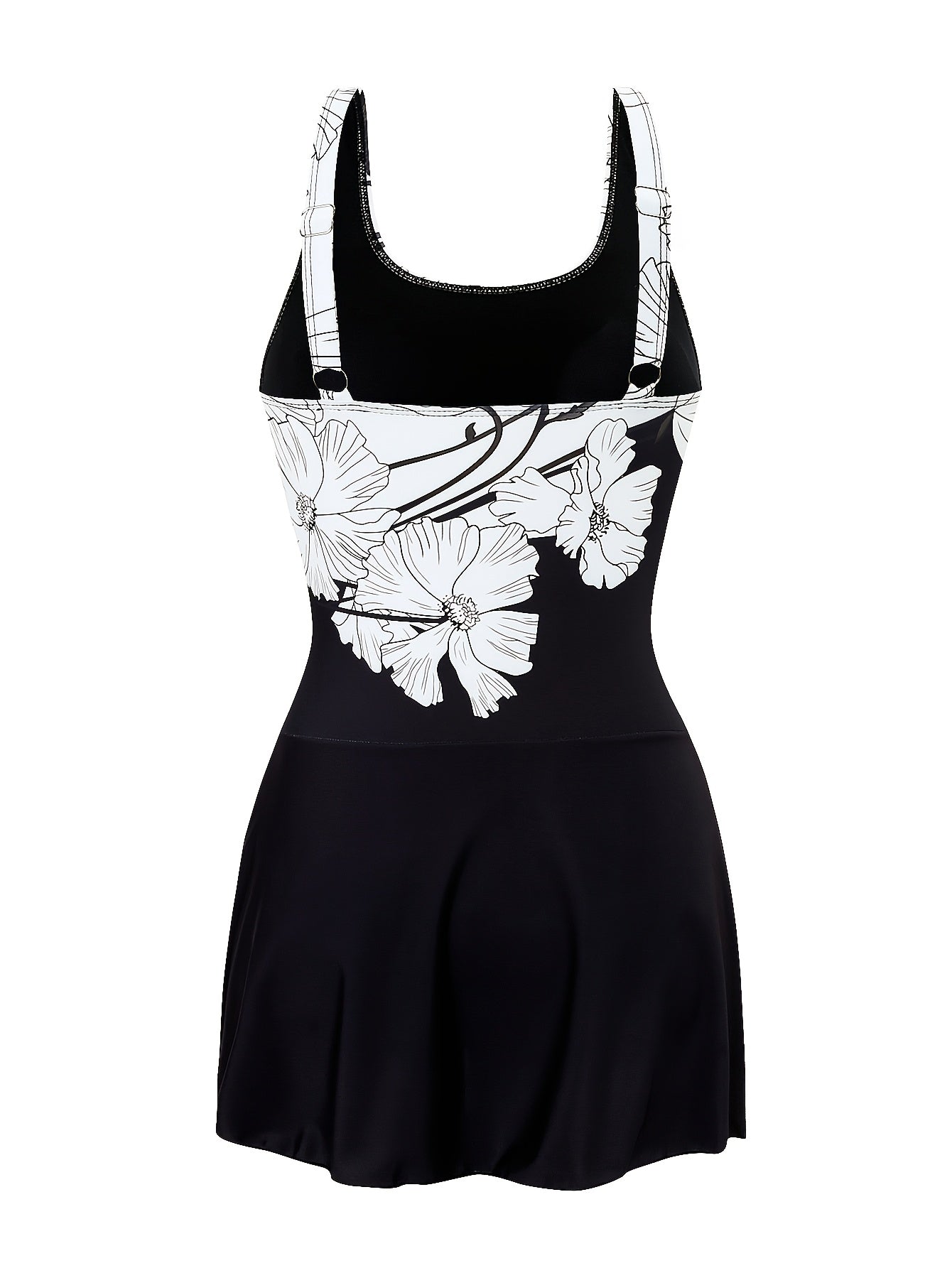 Floral print swimsuit with skirted bottom, slimming high-waisted design in black & white, stretchy polyester/elastane blend, removable pads, perfect for beach & poolside.