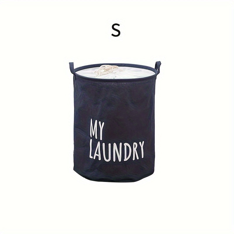 Classic Thick Fabric Laundry Basket with Drawstring Closure - Versatile Cylinder-Shaped, Foldable Dirty Clothes Storage Bin in Navy, White, and Gray featuring "MY LAUNDRY" Print for Stylish Room Decor, Laundry Room Organization, and Storage Solution