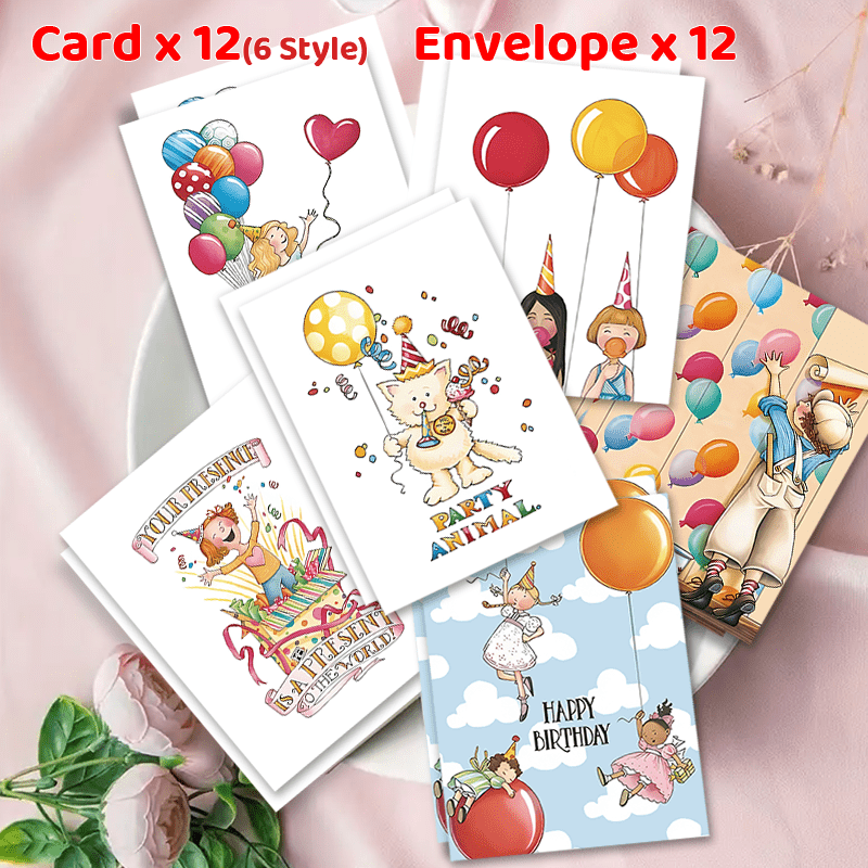 Celebrate with 24 charming Birthday Cards complete with Envelopes - Featuring sweet designs of a Little Girl, Flower Cat, and Balloons - Ideal for expressing gratitude and presenting gifts.