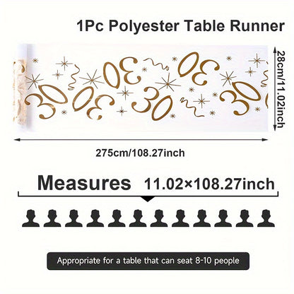 Polyester table runner with golden stamping for milestone celebrations. Perfect for anniversaries, retirement parties, and milestone birthdays. Comes in a rectangular shape.