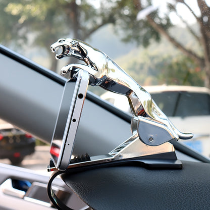 A versatile dashboard clip for the car, combining a phone holder and navigation stand, designed as a golden leopard.