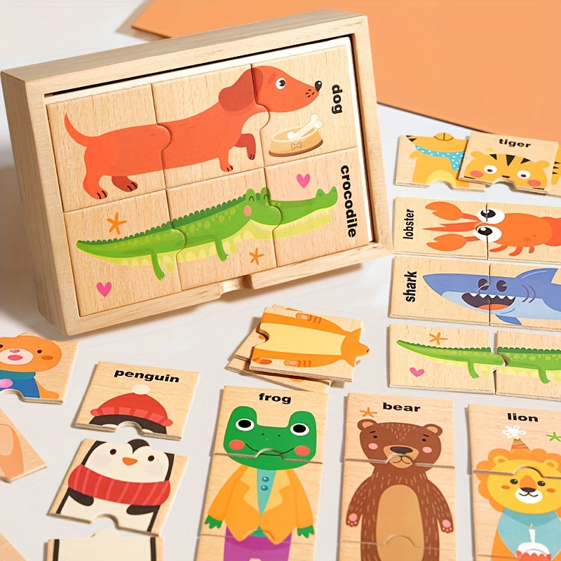 Colorful wooden animal puzzle toys teach children shapes and colors, making them a perfect gift.