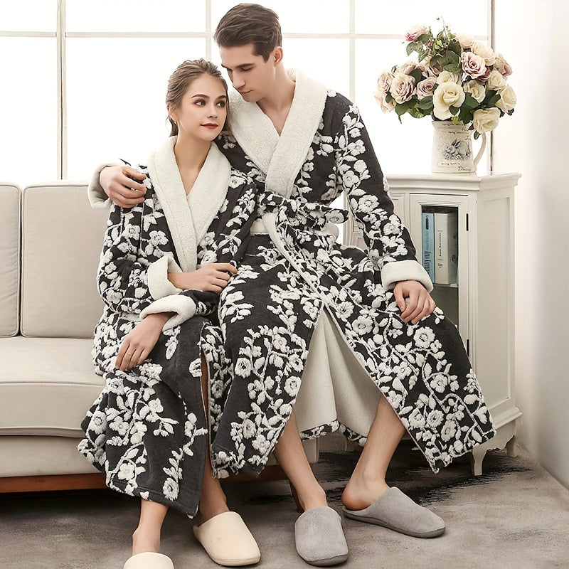 1pc Unisex Thickened Long Bathrobe with Flower Pattern, Ideal for Couples. Ideal for Home and Bathroom use.