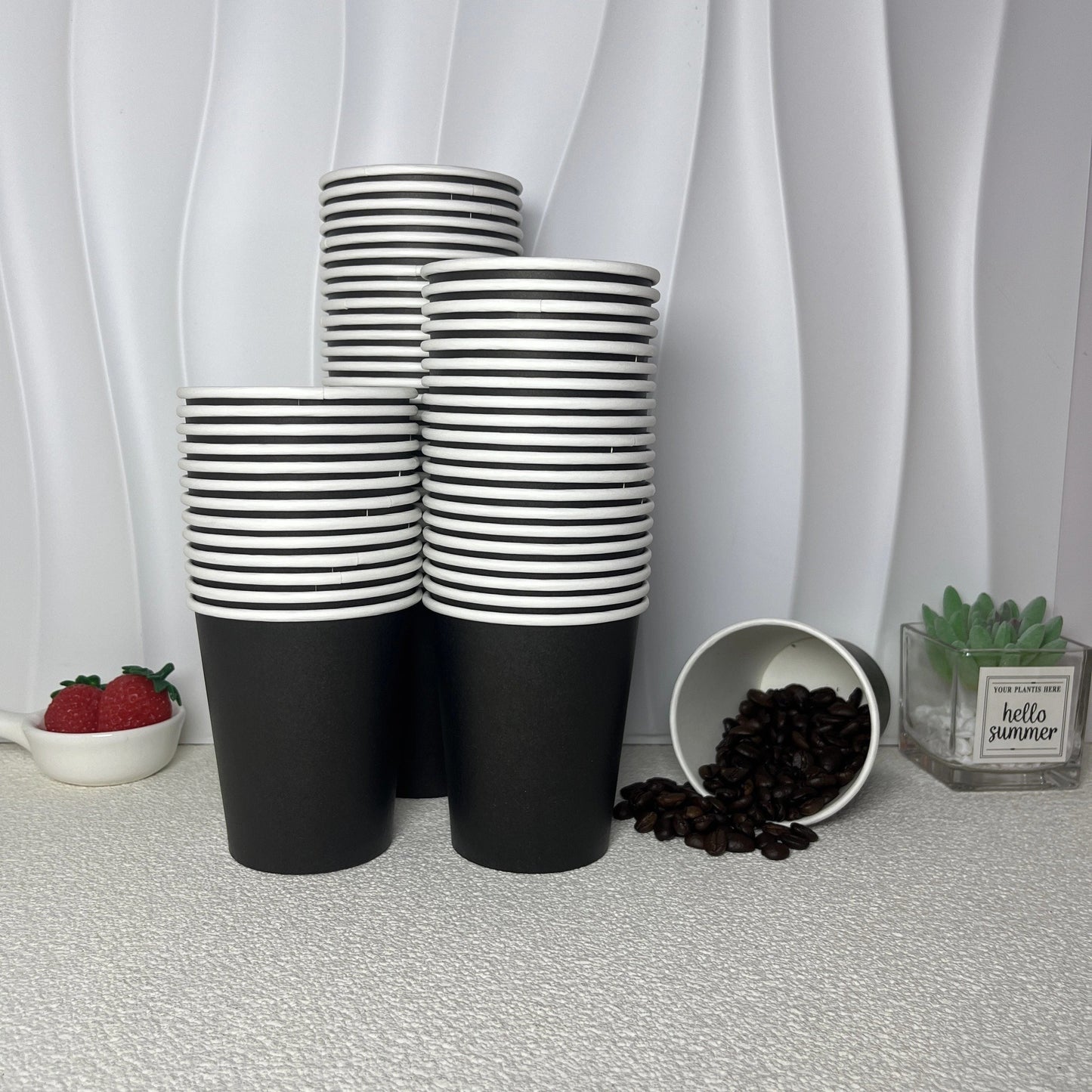 8-Ounce Black Paper Cups: Ideal for Birthday Parties, Weddings, Picnics, BBQs, Restaurants, and More. Must be Hand Washed. Recyclable and Suitable for Hot Beverages. For Adult Use Only.