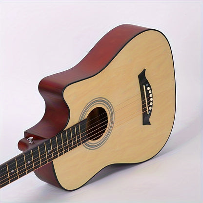 Beginner kit for a 96.52 cm acoustic guitar, featuring a basswood panel with matte finish, 18 frets, and includes bag, picks, strings, and strap.