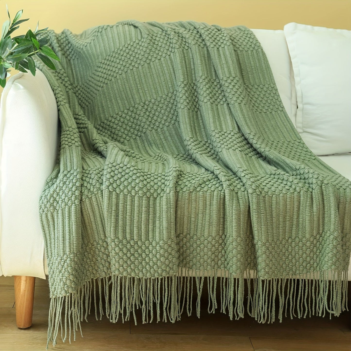 Stay cozy with our Soft Textured Throw Blanket - Stain-Resistant and Versatile for Couch, Bed, Office, and Travel - Easy to Clean and Machine Washable - Green Tan, available in two sizes: 127cm x 152.4cm / 152.4cm x 80"