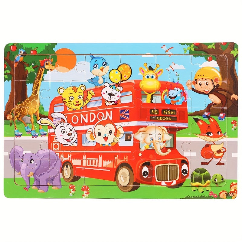 30-piece wooden puzzles featuring animals, dinosaurs, and cartoons for children to enhance their hands-on skills and kindergarten education.