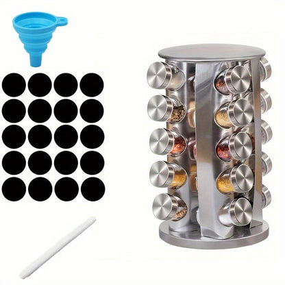 Spice up your kitchen organization with our 360° Rotating Stainless Steel Spice Rack! This convenient rack can hold 12, 16, or 20 jars and comes with reusable labels and a funnel for easy filling. Perfect for keeping your spices neatly organized and