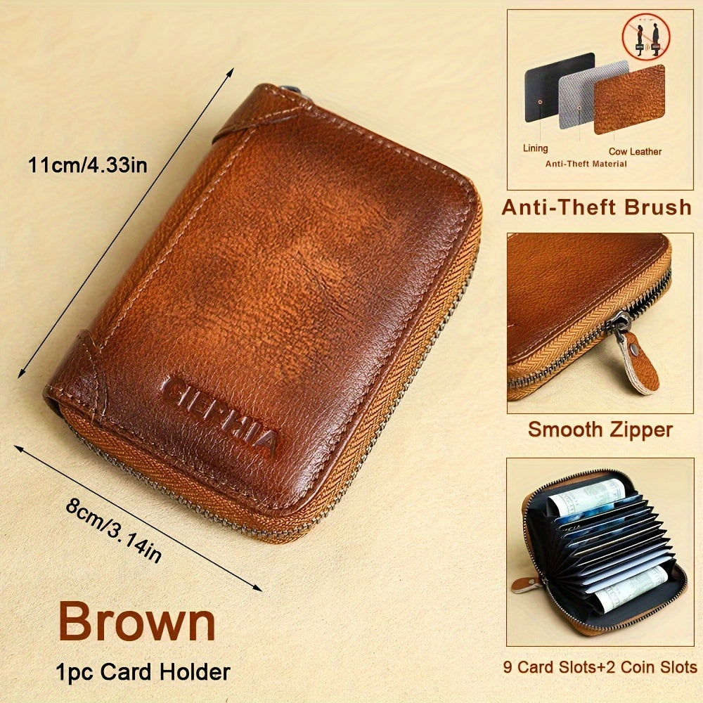 CIEPHIA Vintage Genuine Leather Wallet for Men, RFID Blocking, Deep Brown with Embossed Logo, Ideal Valentine's Day Gift