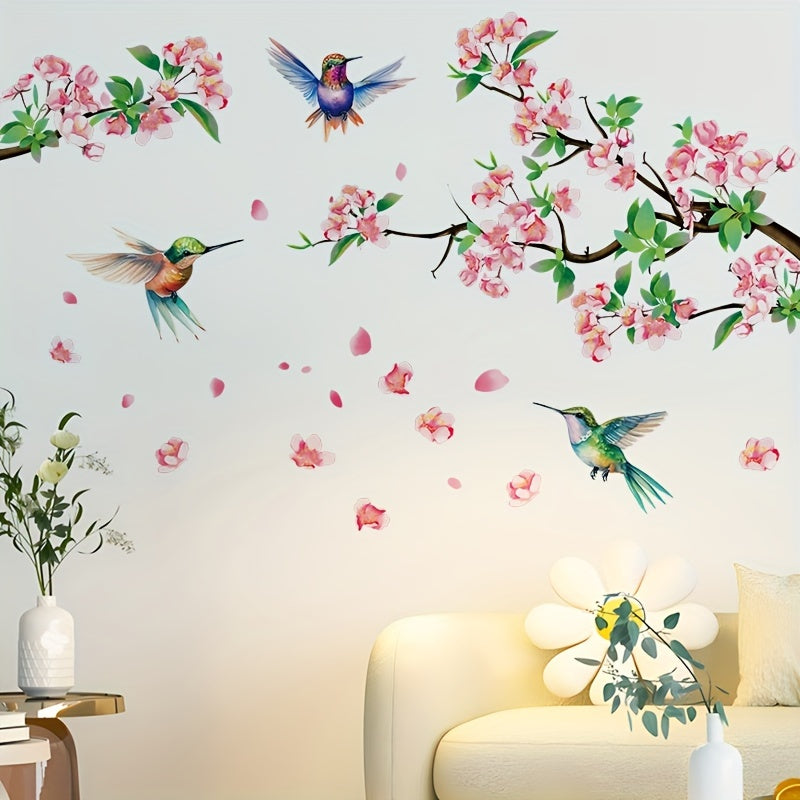 Decorate your bedroom and living room with the beautiful Hummingbird and Cherry Blossom Wall Sticker made of PVC for windows.