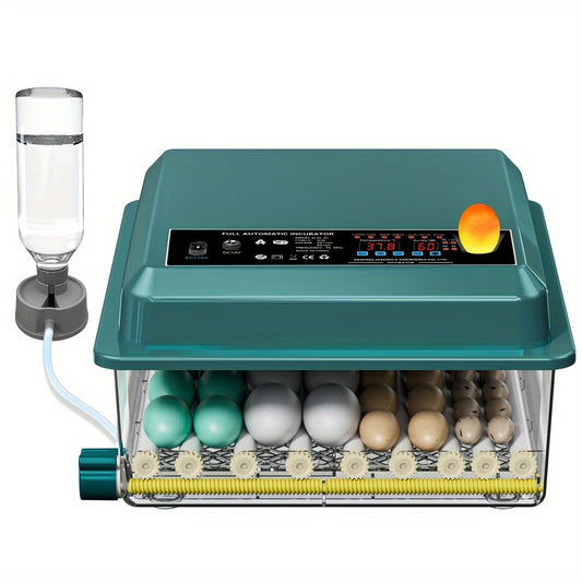 36-egg teal incubator with digital display, adjustable temperature, pulse heating, cold light hatching, suitable for various types of eggs with five incubation modes.