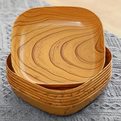 8-piece set of durable and easy-to-clean plastic serving plates with Japanese wood grain design, perfect for serving snacks, fruit, candy, and desserts.