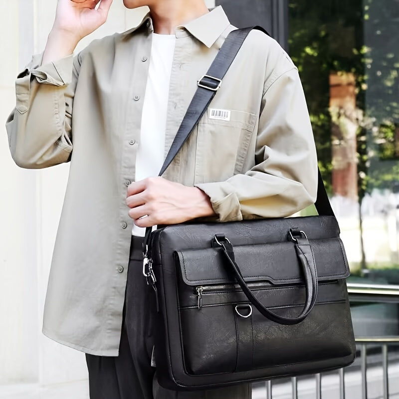 Vintage style coffee briefcase for men with adjustable strap, perfect for daily commute.