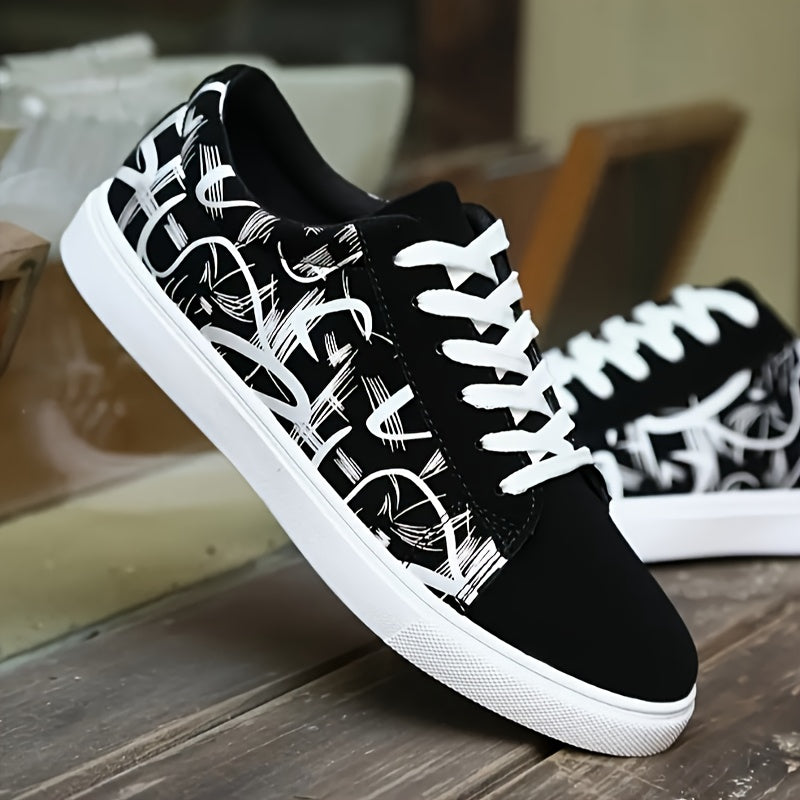 Men's Classic Canvas Skateboard Shoes: Breathable, Non-Slip, Durable Lace-Up Sneakers for Casual Wear, Running. Features Cartoon Pattern, PVC Sole, Fabric Insole. Suitable for All Seasons.