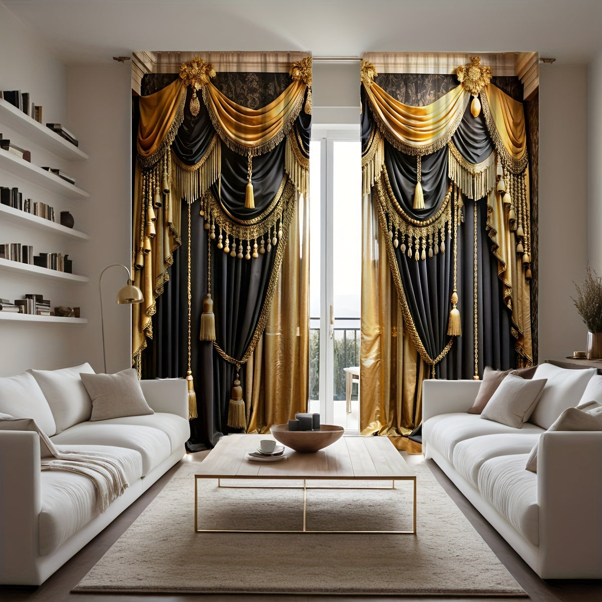 2pc Luxurious Black & Golden Valance Curtains with Elegant Rod Pocket Design, Semi-Transparent Polyester Fabric. Machine washable, perfect for living rooms or bedrooms. Ideal for study room