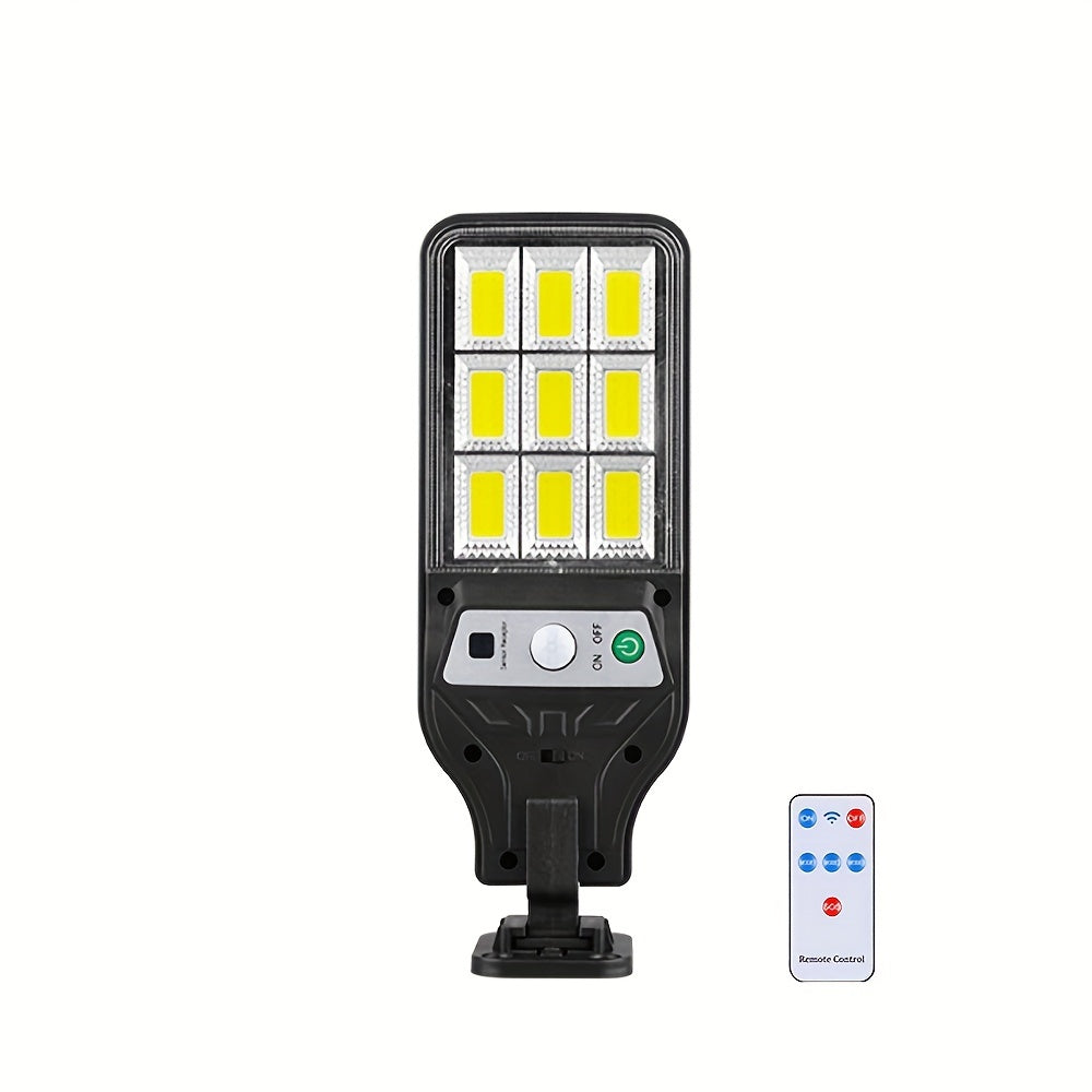 Motion sensor solar wall light with 9COB LED, remote control, 3 modes, and infrared for outdoor security.