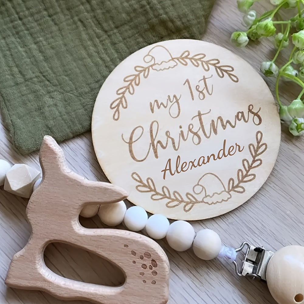 Custom Engraved Wooden Milestone Sign for Baby's First Christmas, Personalized Name Announcement, Round Holiday Keepsake, Photography Prop for Newborns - 1 Piece