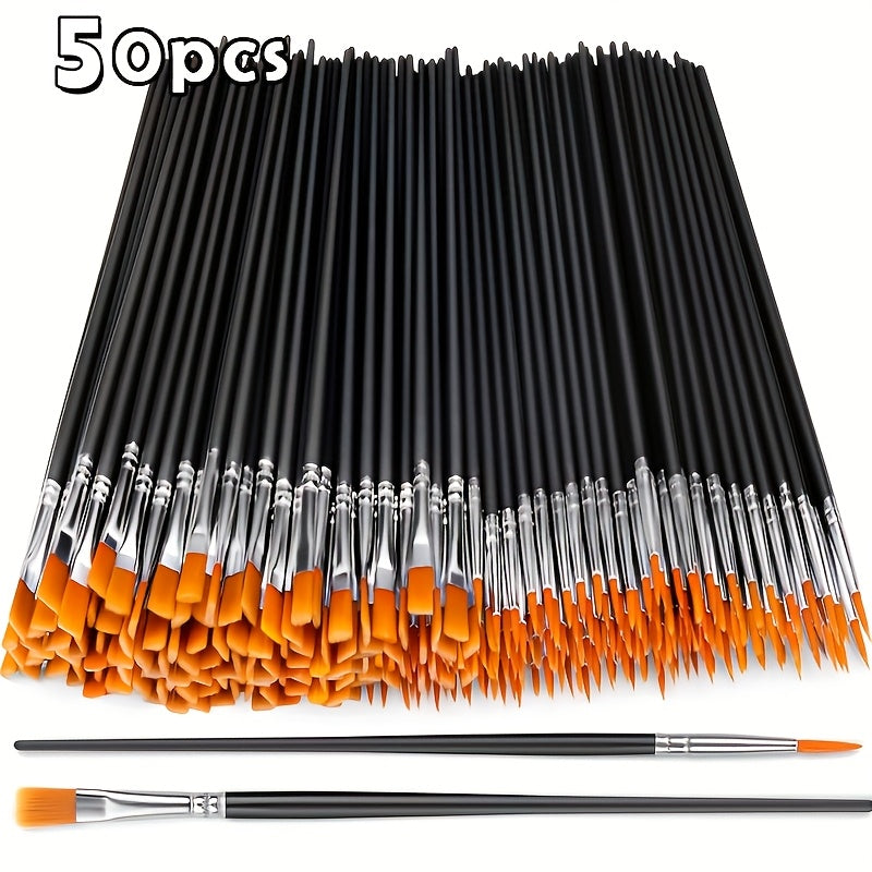 50 nylon hair paintbrushes with flat and round pointed brushes, ideal for oil painting, watercolor, and facial art, perfect for artists and hobbyists.