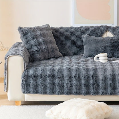 Imitation rabbit plush sofa cover for winter warmth, non-slip protection for furniture in home or office.