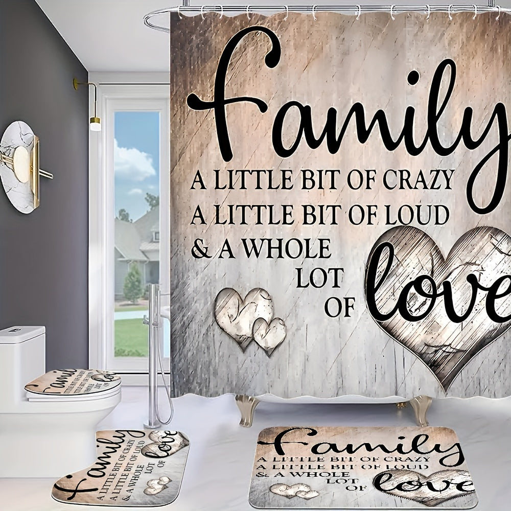 Artistic family bath decor set includes 4 pieces - water-resistant polyester, machine washable, includes non-slip mat, toilet lid cover, bathroom rug, and 12 plastic hooks.