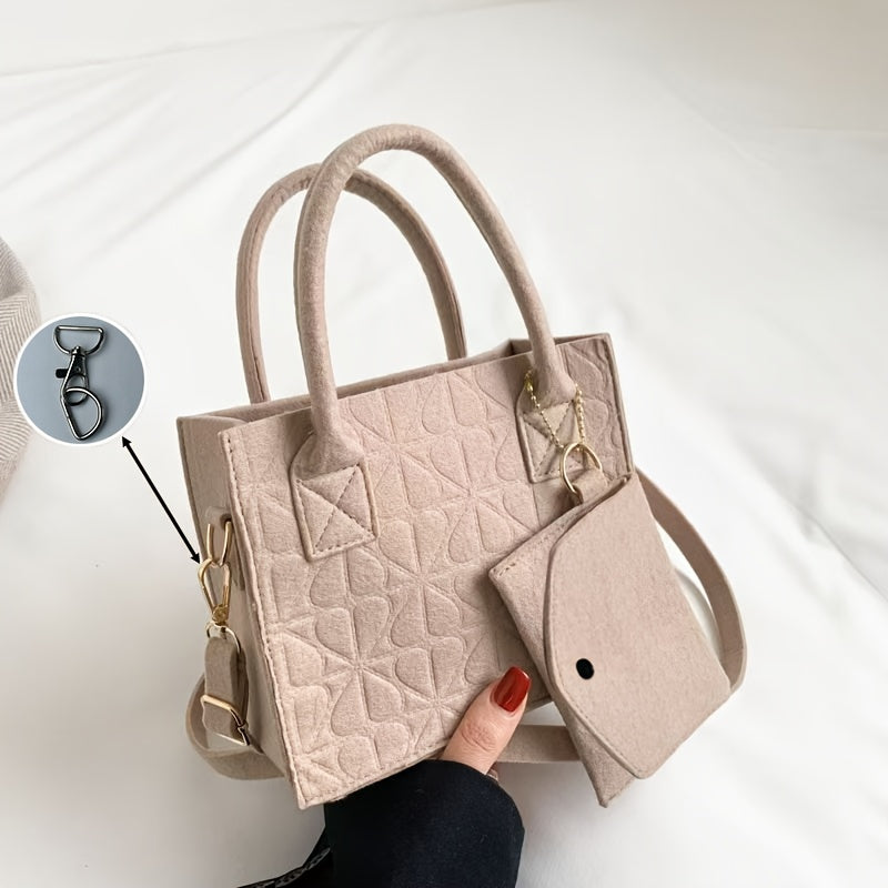 Baigou Casual Felt Handbag with Embossed Pattern, Solid Color, Adjustable Strap, Unlined, Non-Woven Fabric, Shoulder Bag in Multiple Colors.