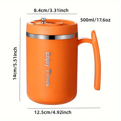 Stylish stainless steel coffee mug with straw, handle, perfect for office, reading, camping. Available in orange, light blue, cream, ideal for drinking coffee or tea.