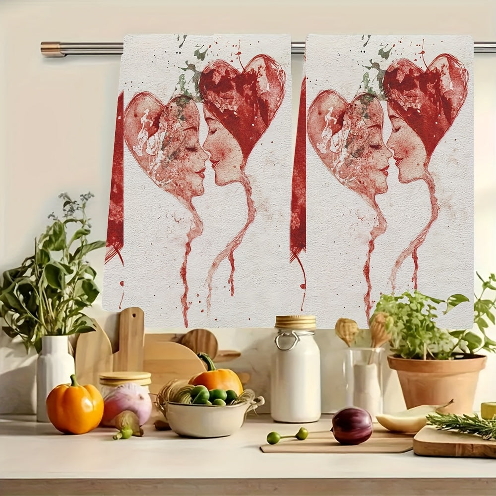 Two pieces of ultra soft kitchen towels featuring a Valentine's Day love stamp design. These highly absorbent and machine washable dish hand towels showcase a contemporary red and white splatter art pattern. Each towel measures 40.64x60.96 cm.