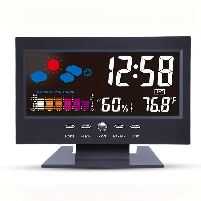 Smart Weather Clock with Thermometer, Hygrometer, and Color Display for Indoor Temperature and Humidity, Convenient Voice Control for Home Utility.