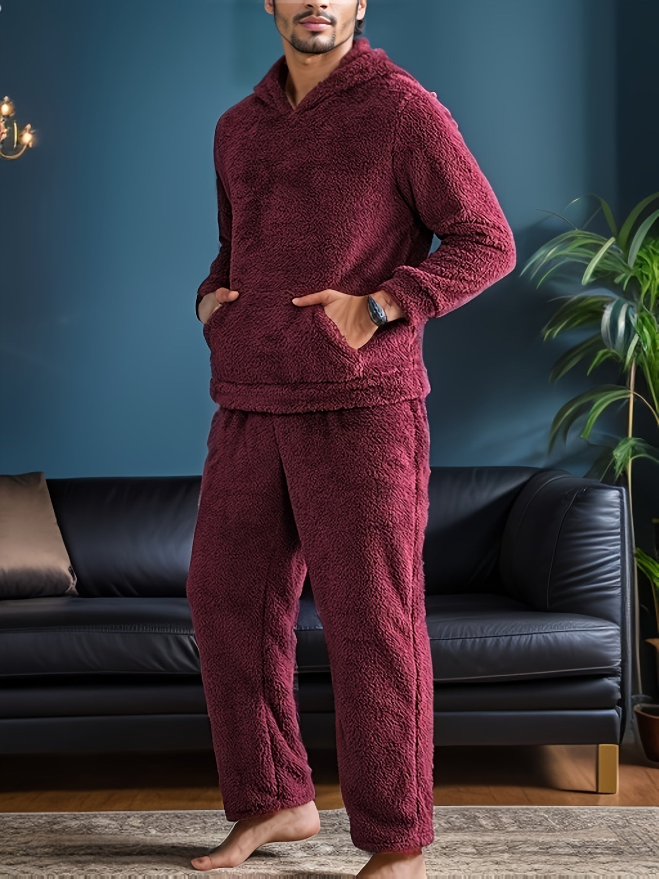 Cozy Men's Hooded Pajama Set made of plush fleece, with pockets and machine washable for winter sleepwear.