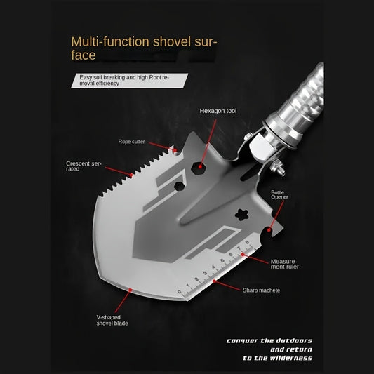 15+ in 1 Tungsten Steel Camping Shovel with Survival Tools for Outdoor Activities and Emergencies.