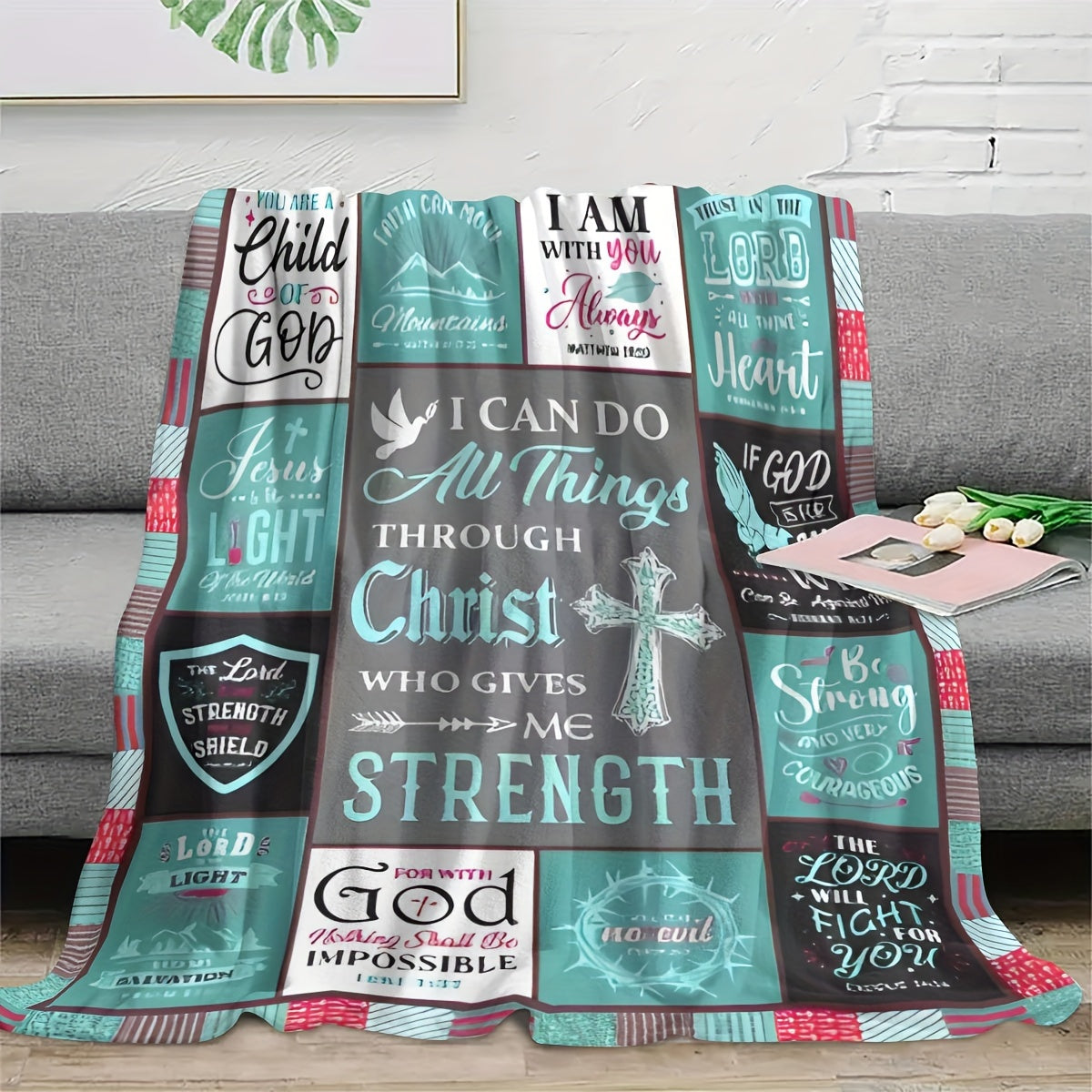 One piece of Christian Inspirational Quotes Flannel Fleece Throw Blanket featuring Religious Scripture Verses. This tear-resistant blanket is perfect for all seasons and has a digital print design. Made of polyester in a contemporary style, it is a great