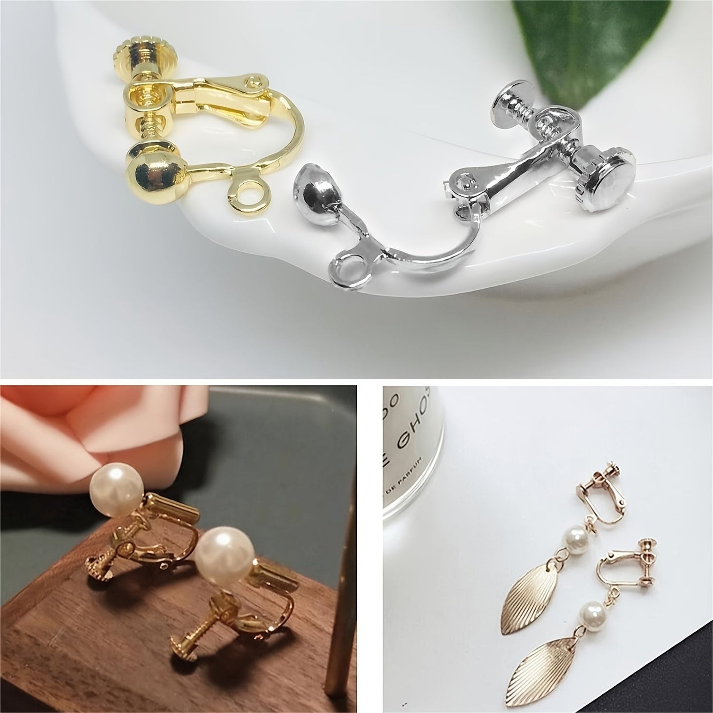 Get 20 pieces of ear clip jewelry accessories in white and gold colors, with 10 white and 10 golden pieces each. These converters come with round, non-slip anti-pain cushions so you can wear earrings without piercing your ears. Perfect for handmade DIY