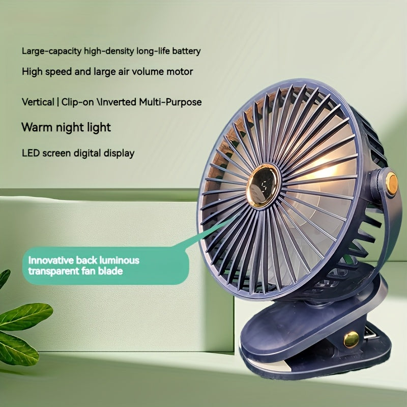 Compact LED Display Mini Desk Fan with USB Charging Clip, Night Light Feature - Quiet High-Speed Motor, Long-Lasting Battery for Office, Fishing, Camping, and Travel.