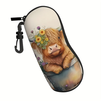 Trendy Highland Cow Print Glasses Case - Stylish, Convenient Neoprene Eyewear Pouch with Zipper and Belt Clip for Women, Chloroprene Safety Bag