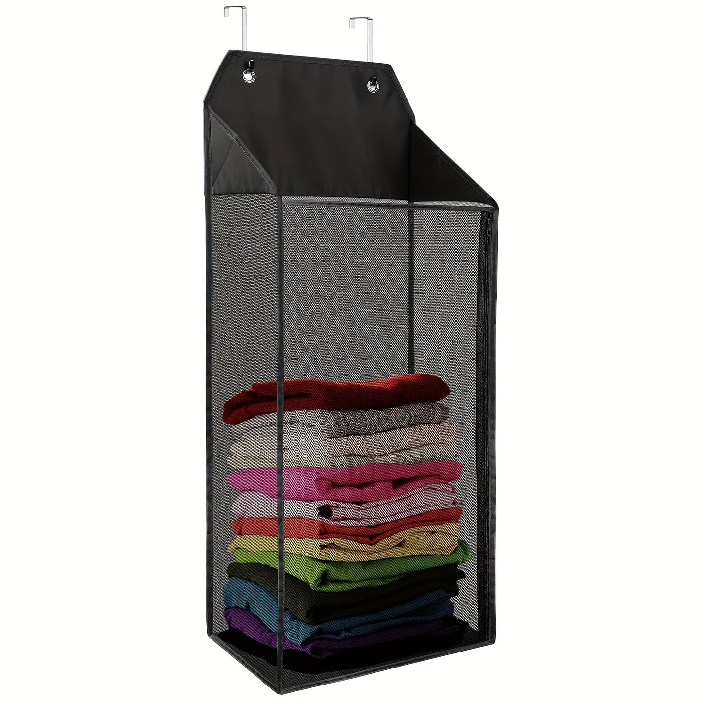 Foldable hanging laundry hamper with hooks, zipper, and large mesh design - ideal for bathrooms, dorms, and small spaces. Convenient wall-mounted storage basket for dirty clothes. Ideal for laundry organization.