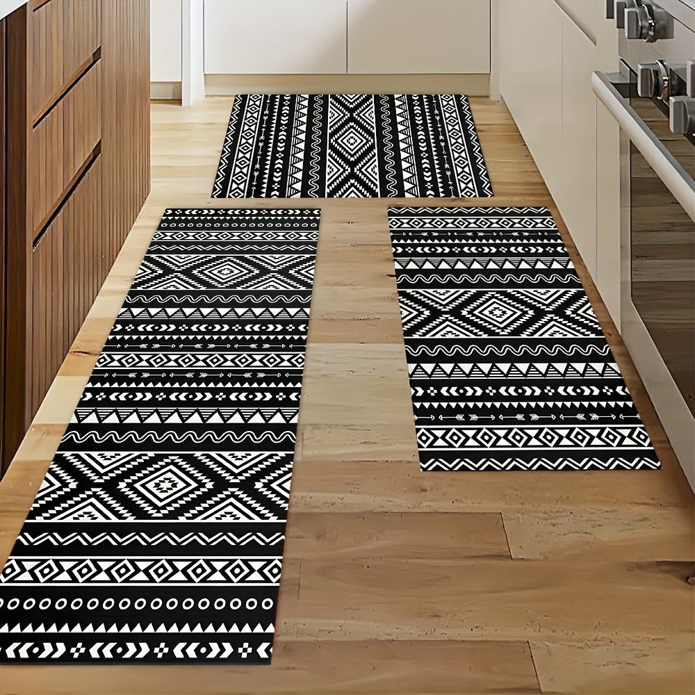 Bohemian Black And White Carpet Floor Mat for Kitchen, Dining Room, Home Office, Sink, and Laundry Room. Features Farmhouse Fatigue-Resistant design, Non-slip and Washable for added convenience.