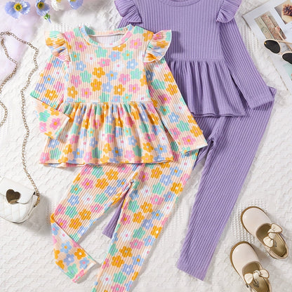 (Floral + Solid) 2 Sets Girls Long Sleeve Peplum Tee + Casual Pants Co-ords Set - Cute Spring/Fall Outdoor Clothes Gift