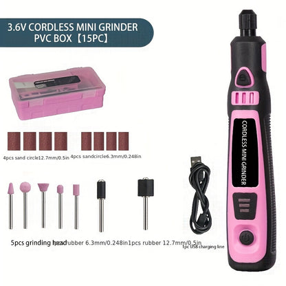 Cordless mini electric grinder set in pink with 3-speed rotary tool kit, rechargeable lithium battery. Portable machine for polishing, carving, engraving, and drilling on jade, wax, and