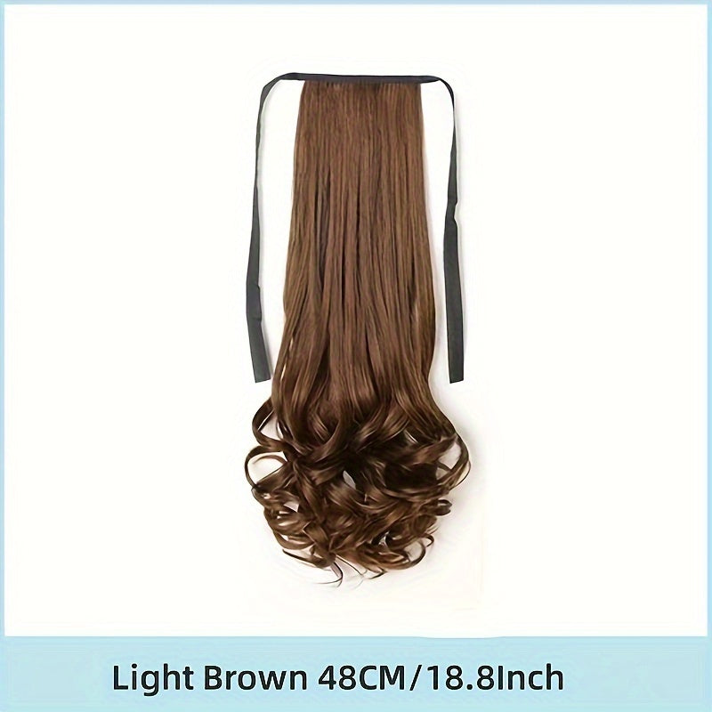 Stylish brown ponytail wig with ribbon tie made of high-temperature synthetic hair, perfect for all women.