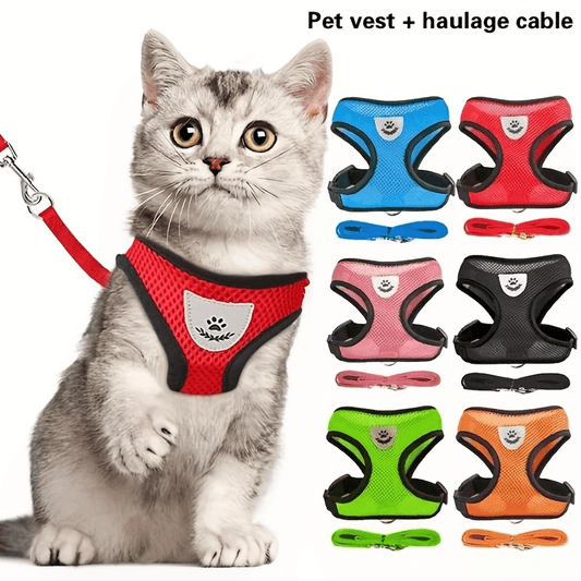 Adjustable pet harness and leash set with reflective design and soft mesh fabric for dogs and cats.