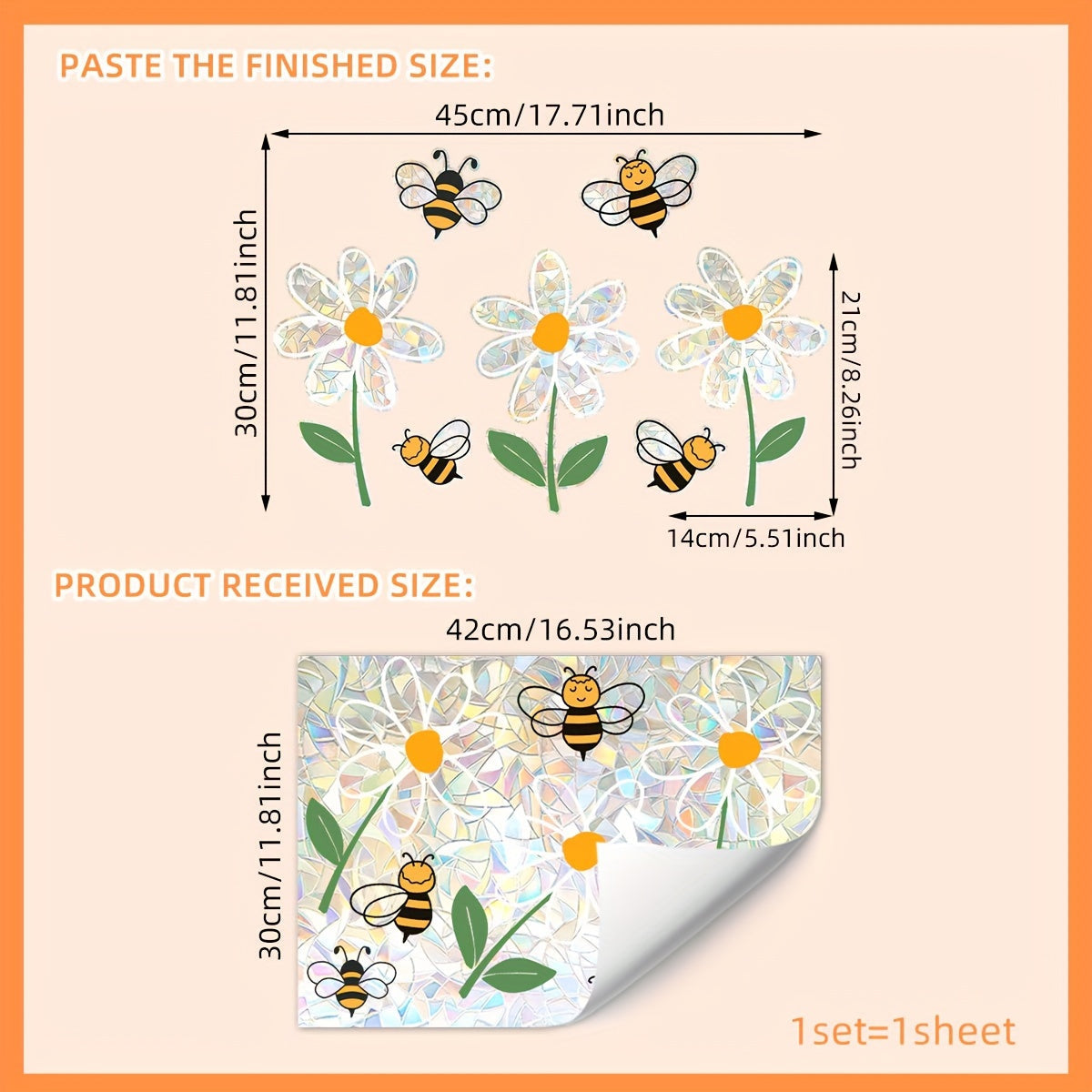 Modern Rainbow Daisy and Bee Window Clings - 5millimeters Thickness Static Cling PVC Material - Two-Sided Design - Can be Reused - Features Bee and Flower Designs for Bedroom, Balcony, Kitchen Window Decoration - Includes 1 Sheet (30x42cm) - Model