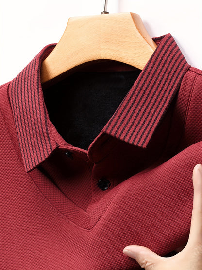 Men's casual long sleeve polo shirt made of polyester and spandex blend with lapel collar, slight stretch striped fabric, and regular fit knit half-placket pullover for spring/fall.