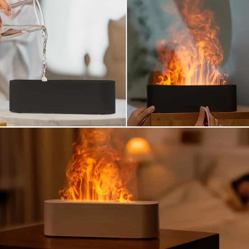 USB aromatherapy humidifier with 7-color flame effect, essential oil compatible, sleek black design for home or office, creates cozy ambiance with vibrant lighting choices.