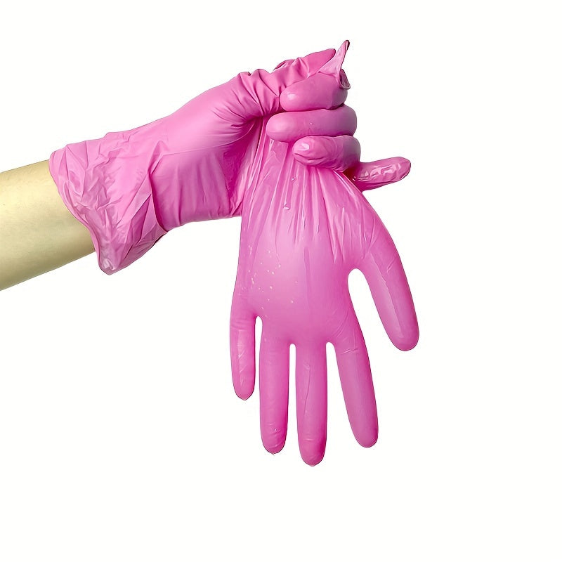 50 pieces of multi-colored disposable nitrile gloves for various household tasks including kitchen work, pet bathing, hair dyeing, manicures, and food preparation. These gloves are essential for cleaning supplies, small tools, and disposable apparel.