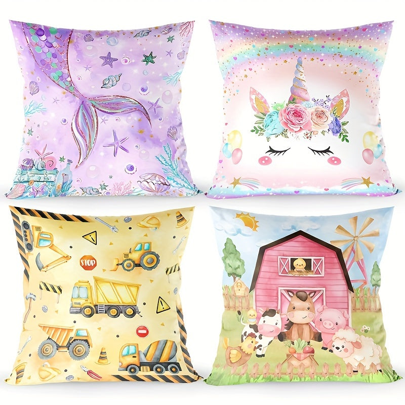 Whimsical Mermaid Tail Pillowcase - This unique pillowcase features a mermaid tail design made from soft peach skin polyester. The zippered cushion cover is in a vibrant purple color with colorful sea creatures and plants. It is machine washable and