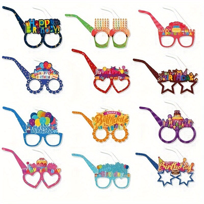 12 Birthday Party Glasses in assorted designs for party dress up and photo booth props, with colorful Happy Birthday eyewear.