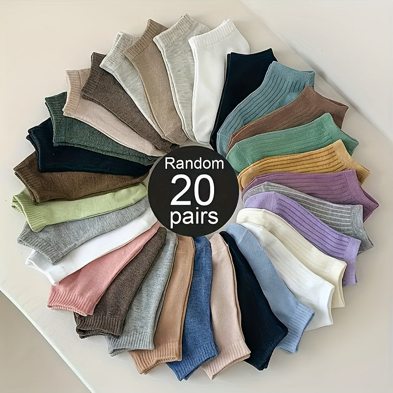 Hand washable knitted fabric boat socks in 20 pairs of color sets for fall/winter comfort.