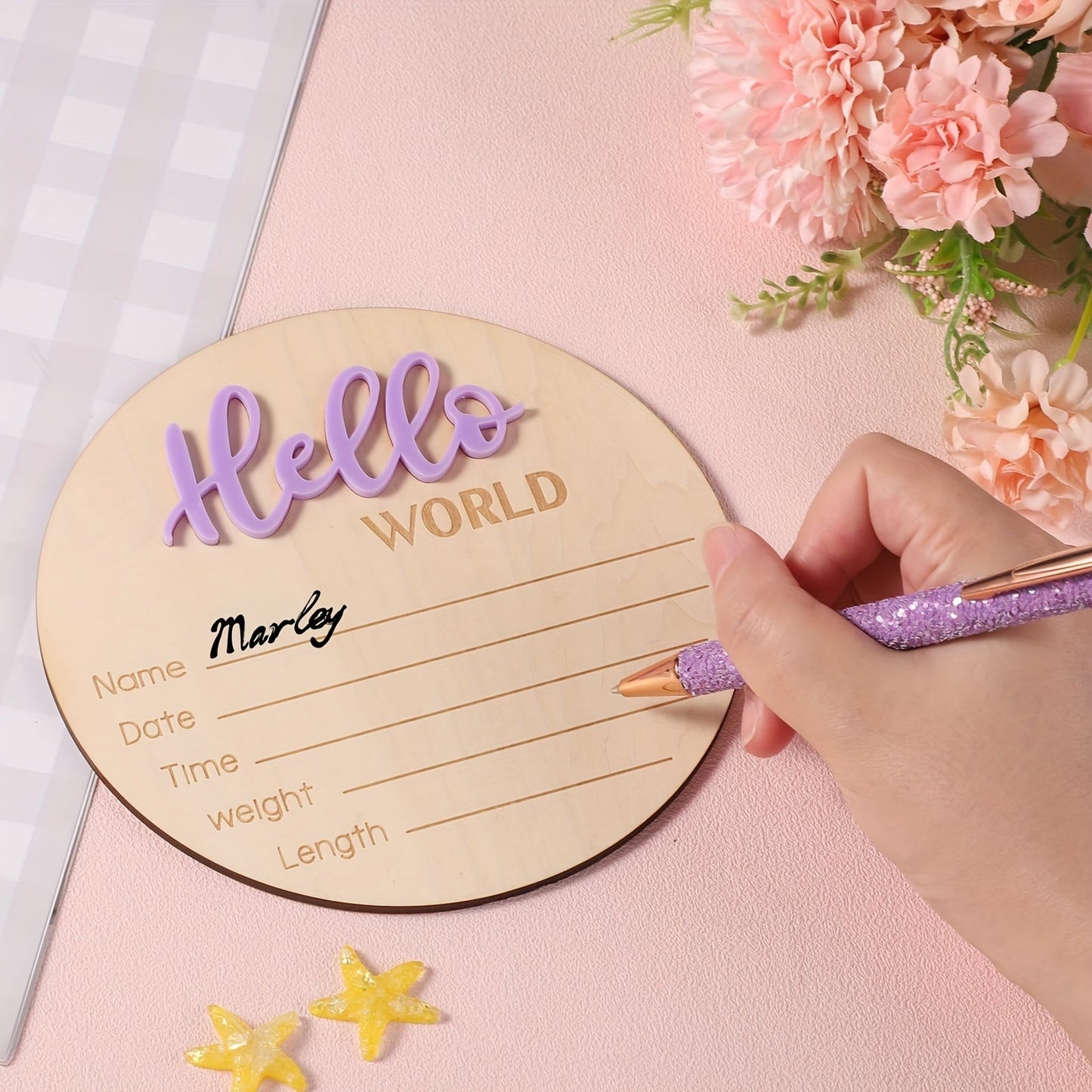 Personalized Wooden "Hello World" Plaque Welcome Sign - 14.99 cm, includes Name, Date, Time, Weight, Length Details for Birth Announcement. Perfect for Nursery, Hospital, Daycare Decor. Suitable for Ages 14 and Up.