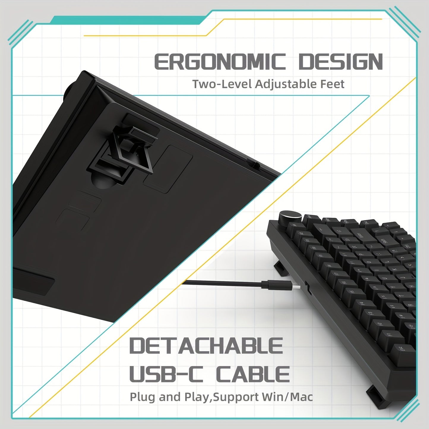 The AK820 is a 75% wired mechanical gaming keyboard with a knob, hot-swappable sockets, sound-absorbing foam, gaskets, 82 keys, white LED backlighting, NKRO red switches, and is compatible