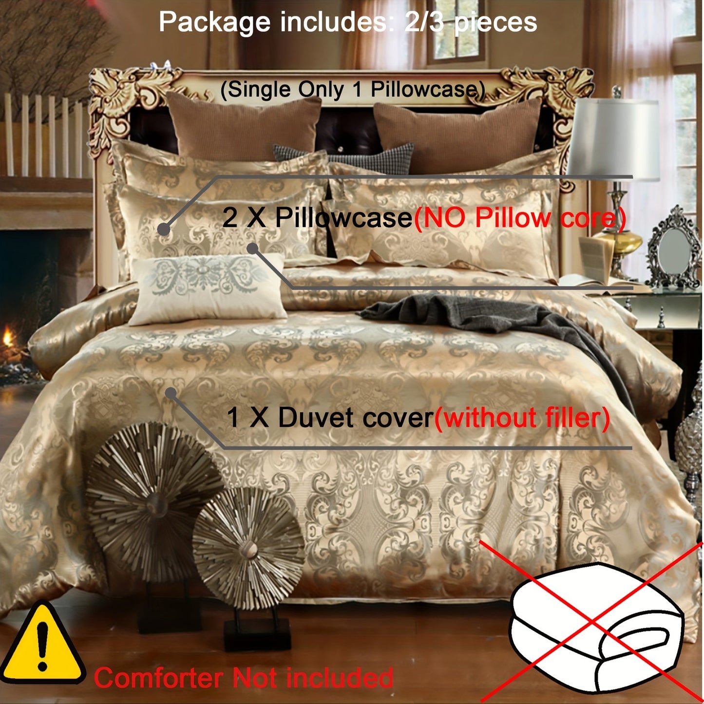 3 piece set includes a luxurious jacquard golden duvet cover and pillowcases, designed for ultimate comfort in your bedroom or guest room. Set includes 1 duvet cover and 1 or 2 pillowcases, core not included.